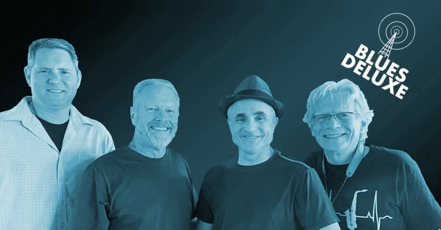 Original Blues Deluxe announcement artwork featuring the four members of The Jim Atkinson Band in blue tones.